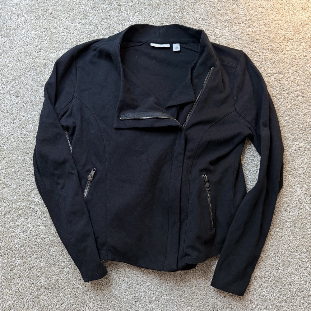 Halogen Jacket Womens L Black Cotton Knit Biker Moto Full Zip Pockets Short